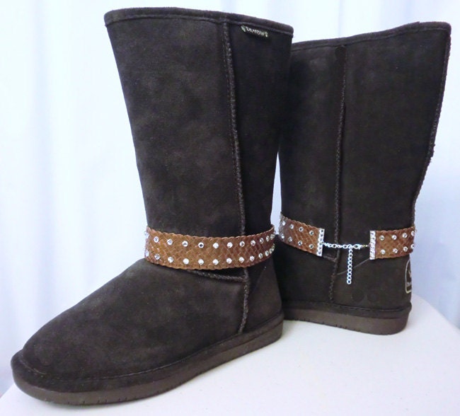 Brown woven leather and clear crystal boot bracelets for Ugg style fur lined boots