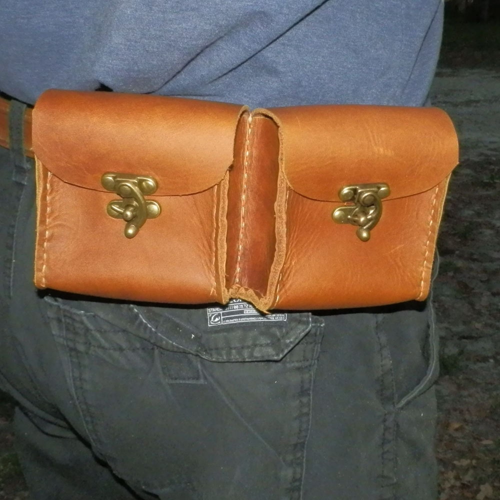2 Pocket Medium Brown Steampunk Oil Tanned Leather Belt Pouch Renissance LARP SCA