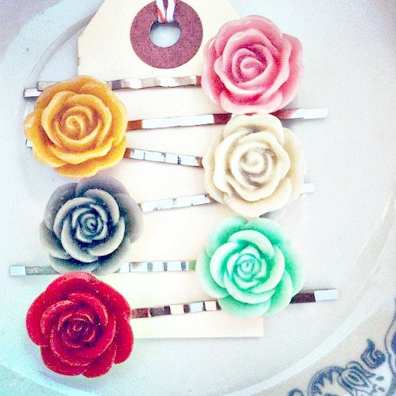 set of 6 resin rose bobby pins fall / autumn / wedding / christmas hair accessory clip