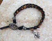 Leather Beaded Wrap Bracelet with Tiger Eye, Flower Button & Fleur De Lis Charm, Chan Luu Inspired