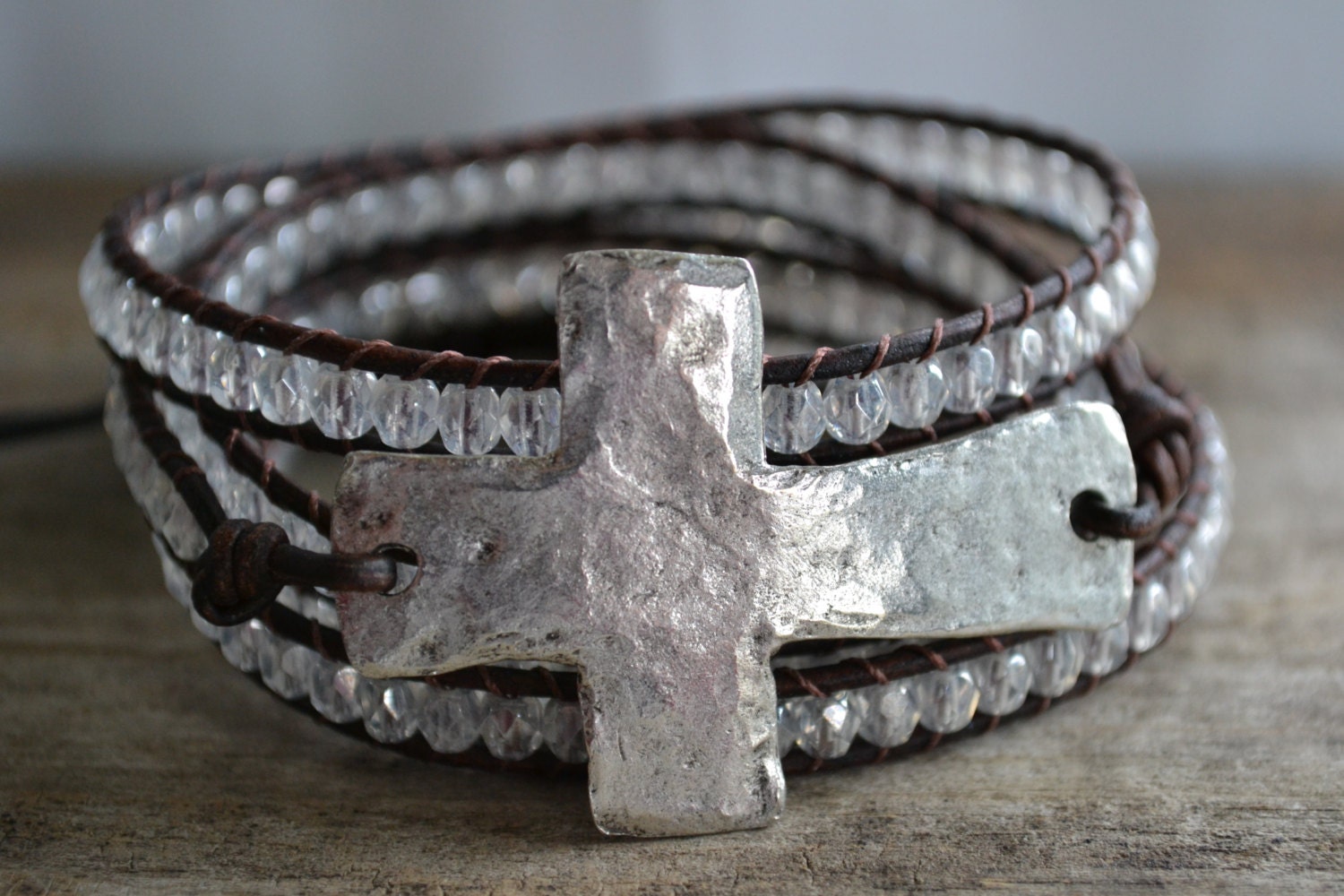 Cross and wings 'she flies with her own wings', clear, distressed brown leather 5x wrap bracelet, Rustic Country-Boho chic