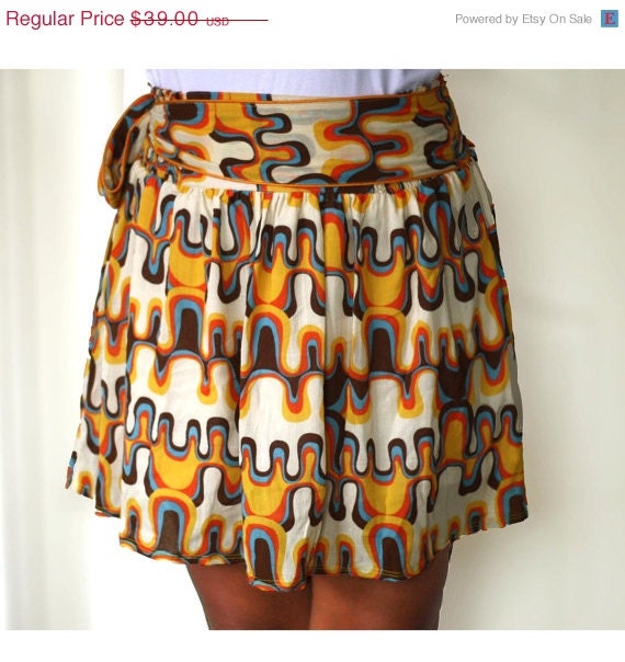 ON SALE Spring retro Skirt in orange, mustard yellow, blue and brown abstract mini skirt.