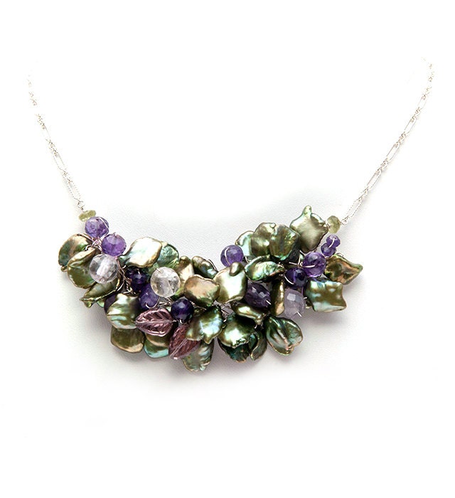 Purple Green Pearl  Necklace, Beaded Necklace, Bridal Jewelry with amethyst gemstones