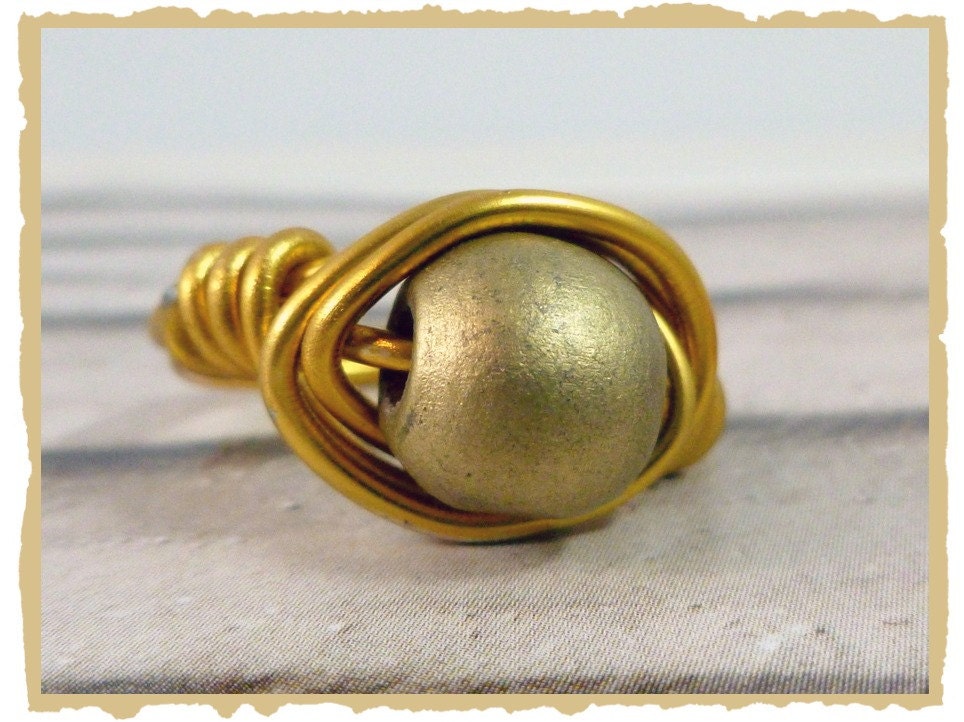 Golden Egg -  Wire Wrapped Bead Ring - Size 6.5