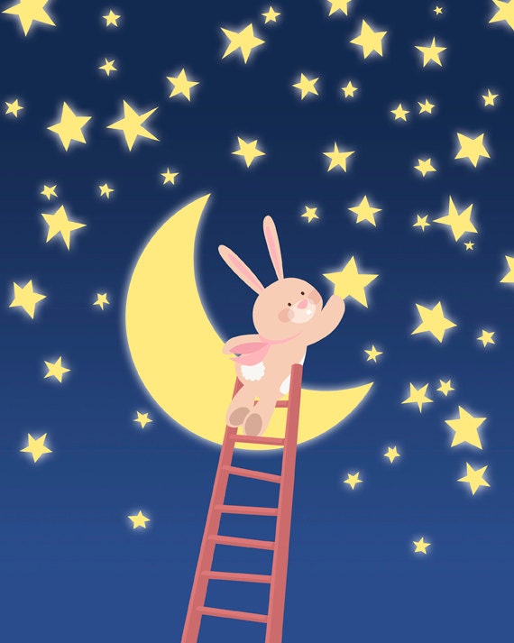 Nursery art print, Children's art print. A baby rabbit with a star on a night blue background, 8x10, Art print.