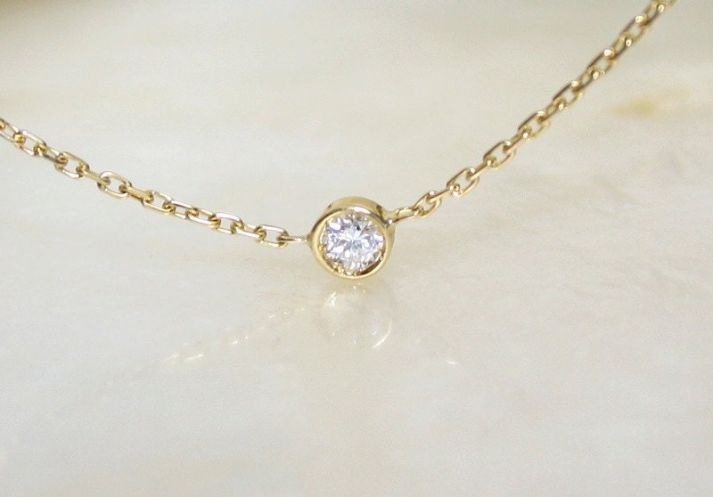 Solitaire diamond and 18k yellow gold necklace, Bezel set diamond necklace, Bezel diamond pendant, Bride necklace