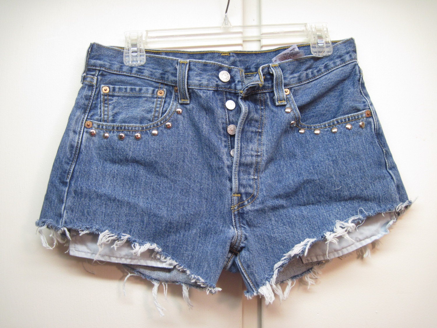 AWESOME upcycled  Levis 501 denim cut off shorts size 32  waist frayed  High Waisted  studs added