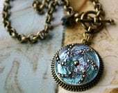 Art Glass Necklace, Glass Button Necklace, shimmering aqua blue, contemporary styling, vintage inspired, button jewelry
