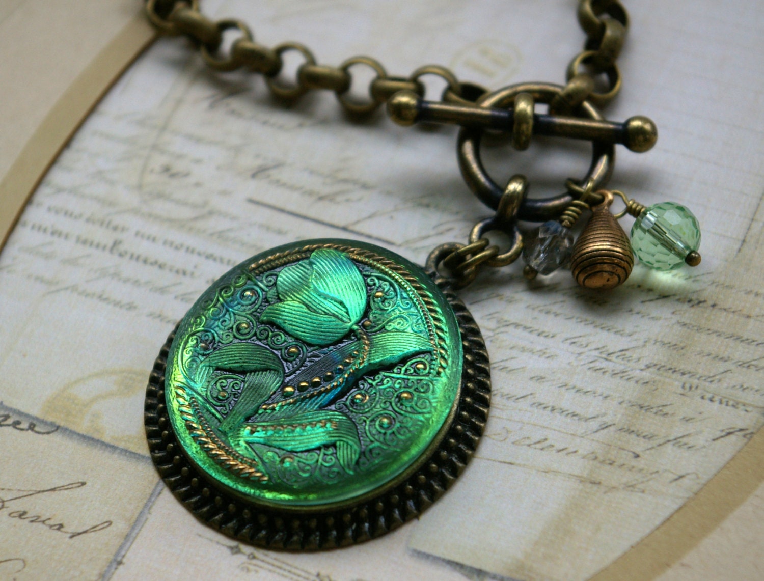 Green Glass Necklace, Shimmering Green with Gold details, Tulip pattern , Vintage inspired, Czech Glass Button jewelry