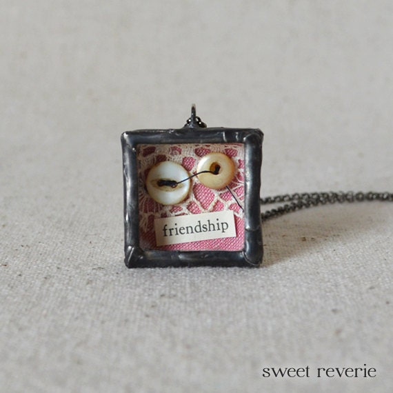 Friendship Necklace, Miniature Shadow Box Necklace, Altered Art Vintage Button Ephemera Reliquary Jewelry, Gift for Friend