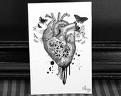 Digital art print card - Anatomical heart with moths, digital collage by Vae Nox