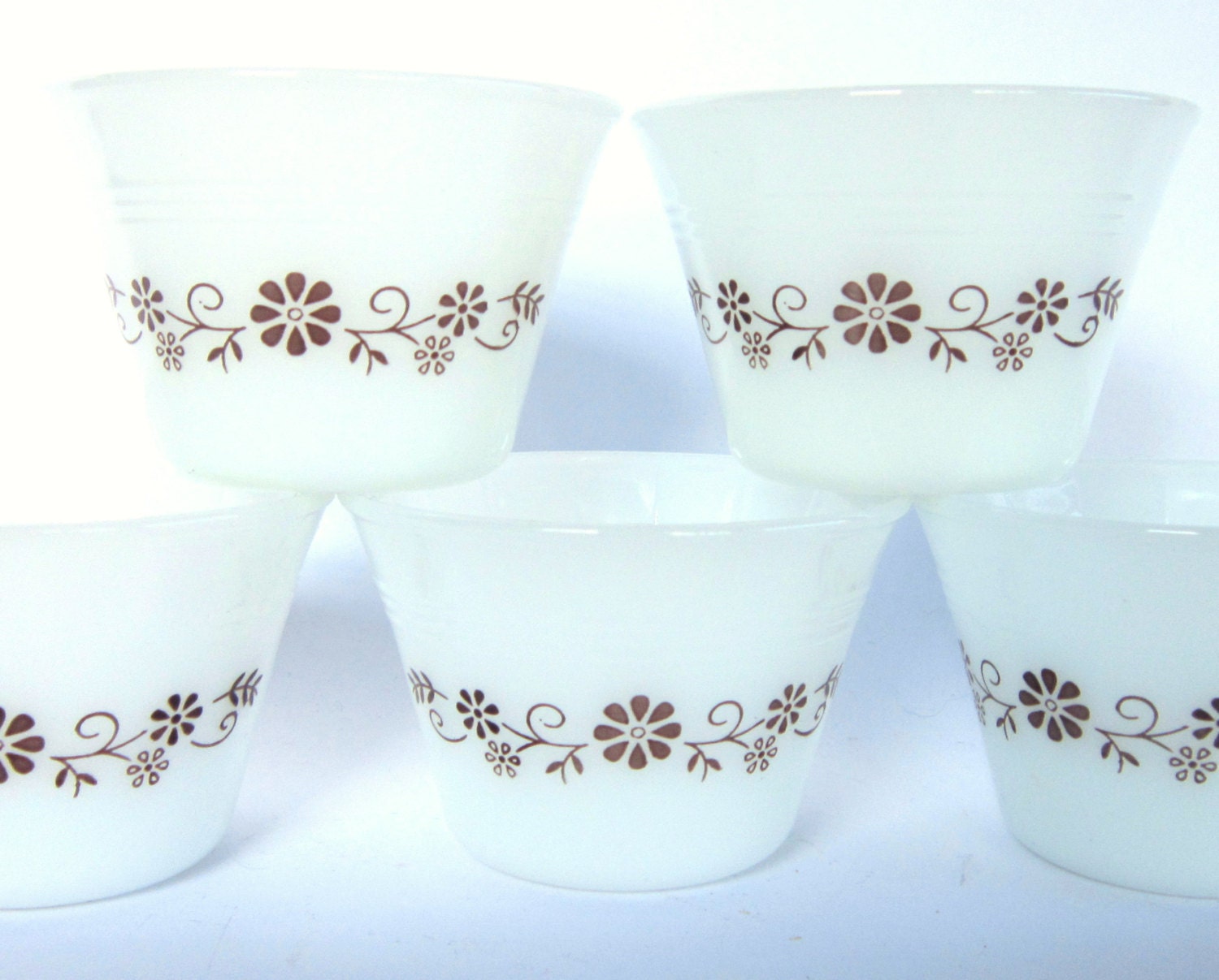 Dynaware Custard Cups by Pyr-O-Rey, Set of 5 Brown Floral Milk Glass Dessert Bowls