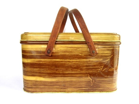 Vintage Metal Picnic Basket with Wood Handles by CedarRunVintage