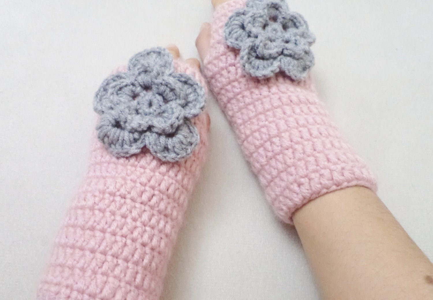 New. Gloves, Fingerless, Handmade Powder Pink Crochet Fingerless gloves, with grey flower, Women accessories