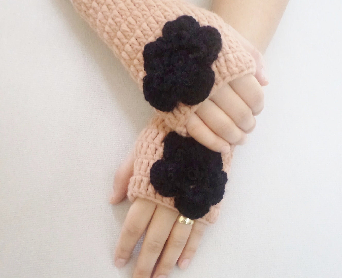 Fingerless, Handmade Crochet Fingerless gloves, Camel gloves black flower, Women accessories. Women accessories, Spring trends, mom gifts,