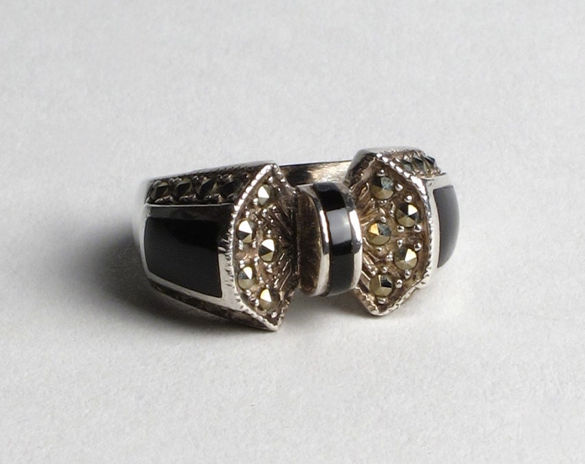 Antique Onyx & Marcasite Inlaid 925 Sterling Silver Ring 1930s 30s 1940s 40s Vintage Art Deco Size 5.5
