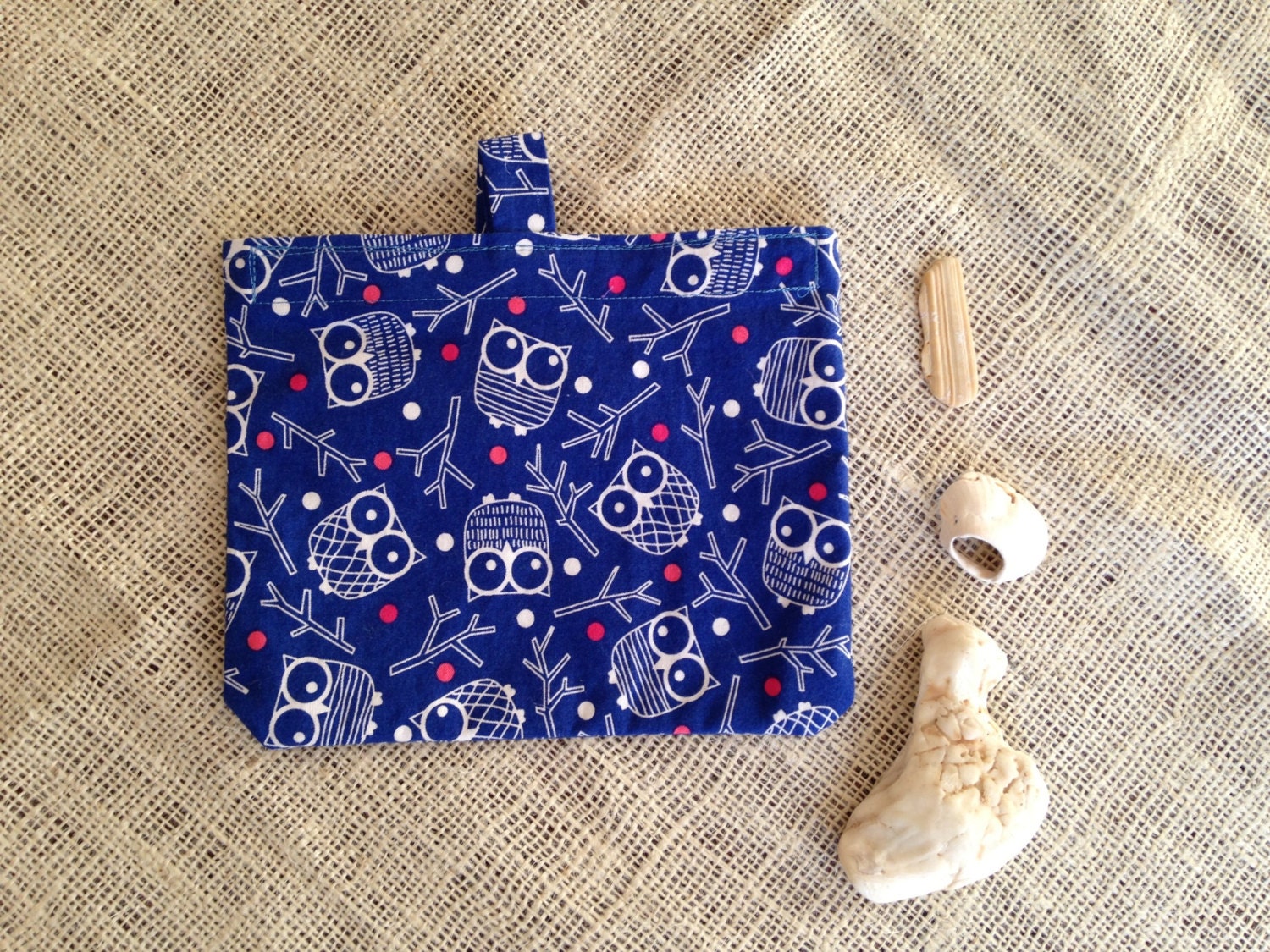 Eco friendly Bag Blue White Owl Reusable Snack Bag Purse Pouch READY TO SHIP