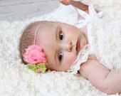 Pink Flower Headband - Bubblegum Pink Shabby Chic Flower with Lime Green Sequin Bow - Baby Toddler Girls Headband - Photo Prop