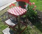 Vintage Upcycled Cosco Red Metal Step Stool with Chevron Seat