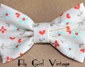 Vintage Style Hair Bow Clip Floral Hearts Red Aqua 1940s Rockabilly Pin Up Bows Baby Bow Women Teens Shabby Chic Bow Tie Hair Clip Accessory