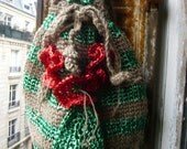 handmade crocheted jute twine and raphia bag,tote, colourful,green,red,with red poppy flowers and a leaf