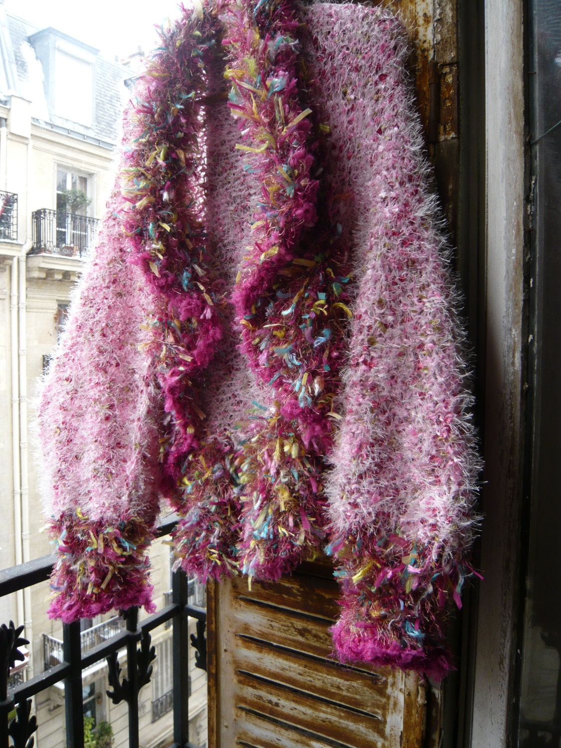handknitted,fairy,pink cyclamen flower bed shrug/bolero/vest/sweater/jacket,long sleeves,fringed with multicolored flowers bed,wearable art