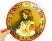 Wooden Souvenir Plate from Romania with Painting of a Woman in a Scarf Vintage