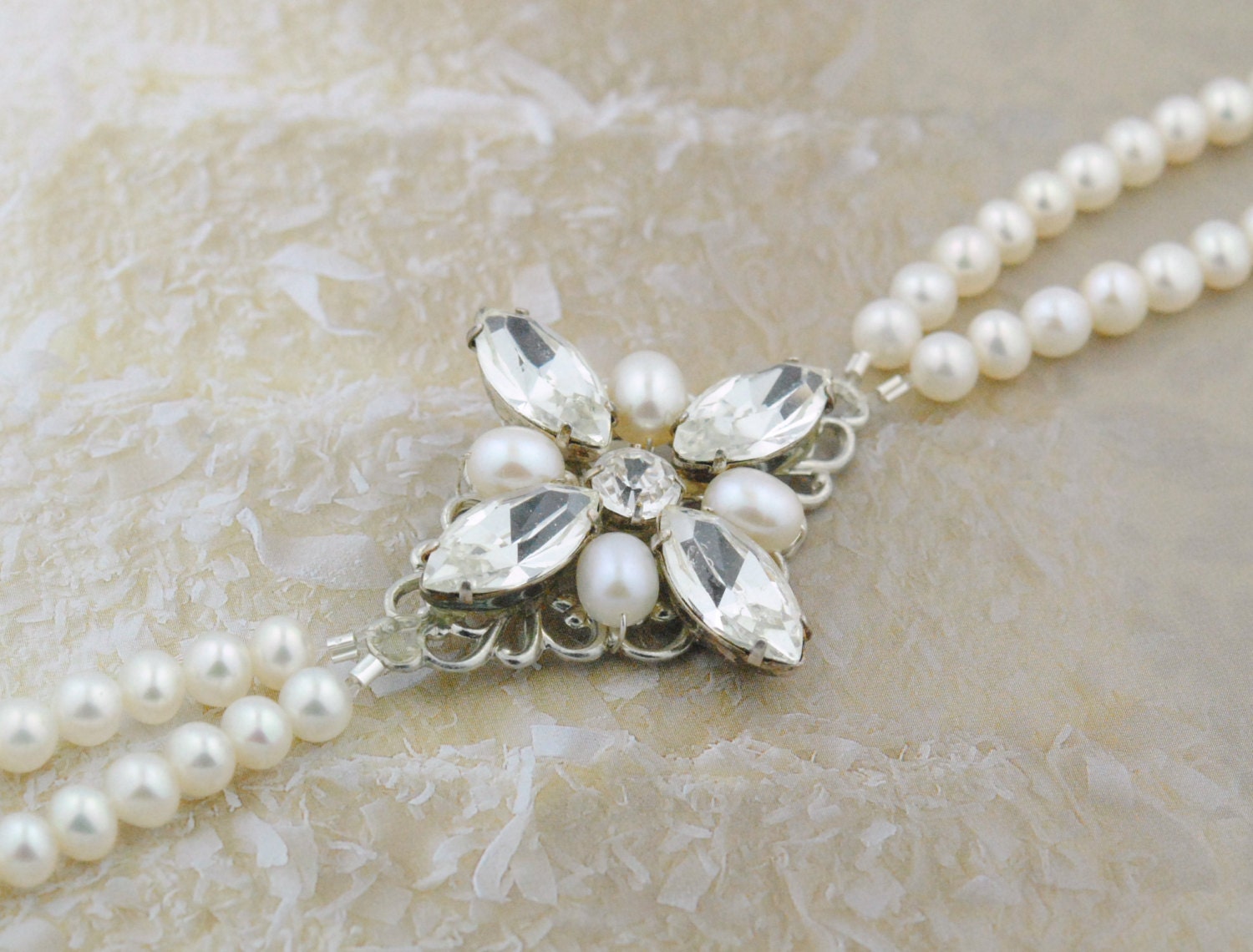 Pearl Brooch Bracelet, vintage bridal bracelet, wedding bracelet, Swarovski