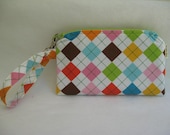 Wristlet Gadget Case iphone Case in Argyle Print fabric with Green Circle Print Lining