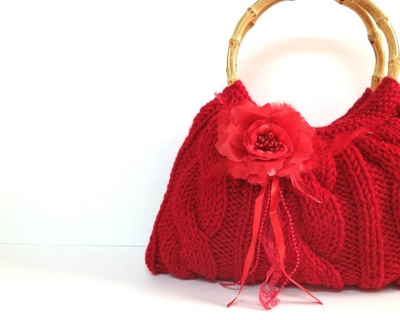 red purse handbag with real bamboo bag handles and red rose flower Valentines day gift or for you
