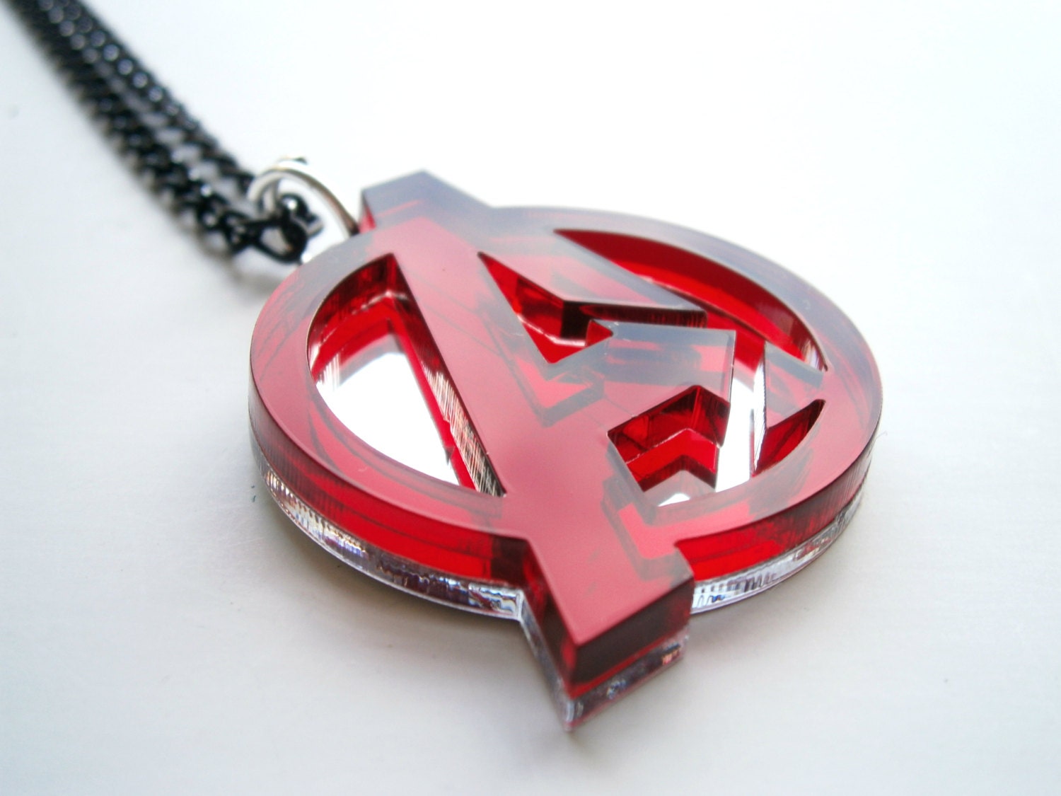Avengers Necklace , Laser Cut Transparent Red and Mirror Avengers Logo  Pendant Necklace - Sale 15 %