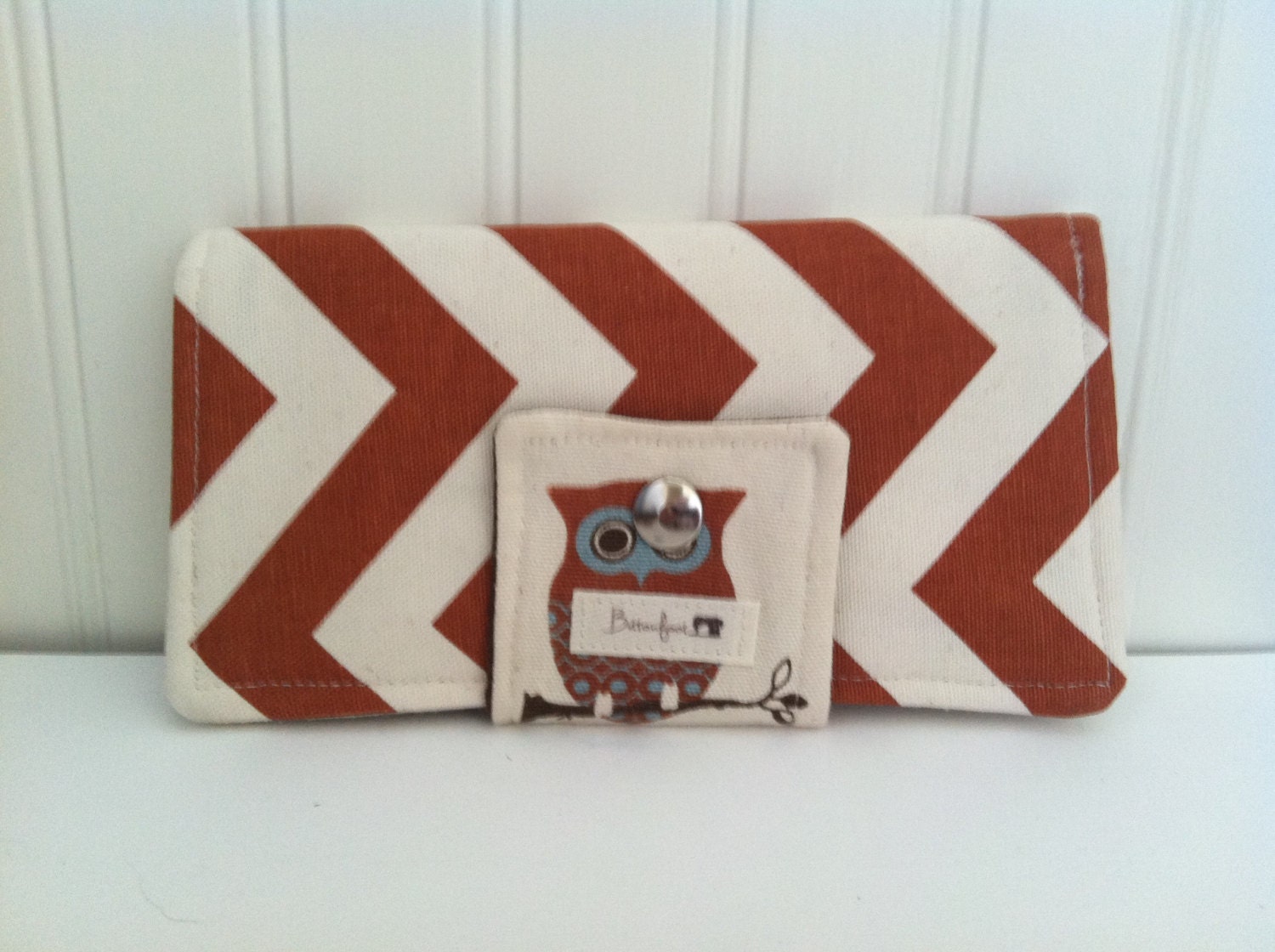 BiFold Wallet Womens Large Rust Chevron and Blue Owl Print with Rust and Chocolate Brown Chevron