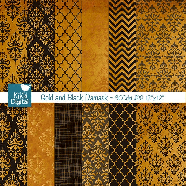 Gold and Black Damask Digital Papers - Scrapbooking Papers - card design, invitations, paper crafts, web design - INSTANT DOWNLOAD