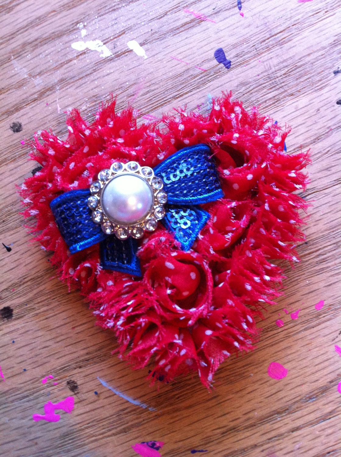 Fourth of July Heart Hair Clip with Blue Bow and White Pearl Rhinestone, Labor Day, Memorial Day, Girl hair clip, Pageants,Girl gift,