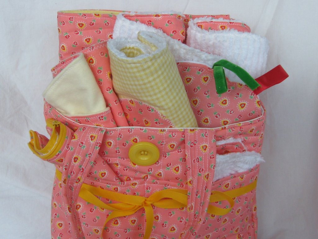 Baby girl gift set, 10 pieces-quilted changing pad, waterproof diaper bag, 3 burp cloths, 2 bibs,  wet pouch and wash cloth