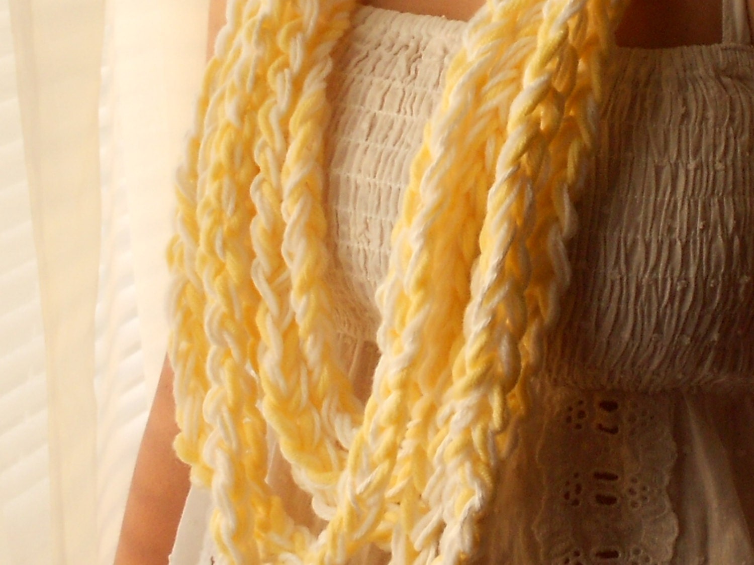 Sunny California Yellow Crocheted Scarf   Crocheted Scarflette    Crocheted Yellow Necklace Jewelry