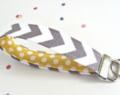 Grey Chevron Keychain Wristlet Key Fob - Yellow Polka Dot Lining - Fabric Key Chain - Woman's Accessories
