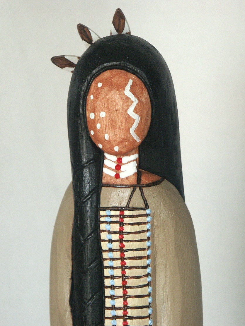 Warrior Woman Native American faceless art doll fantasy 12" collectible wood carving