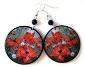 Poppies earrings decoupage floral earrings round earrings red green poppy earrings gift for her under 20