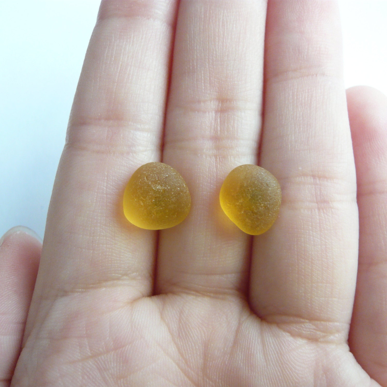 Sea Glass Studs Earrings - Yellow Amber