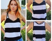 Studded Crop Top Tank - Black & White Stripe - Gold or Silver Circular Studs -