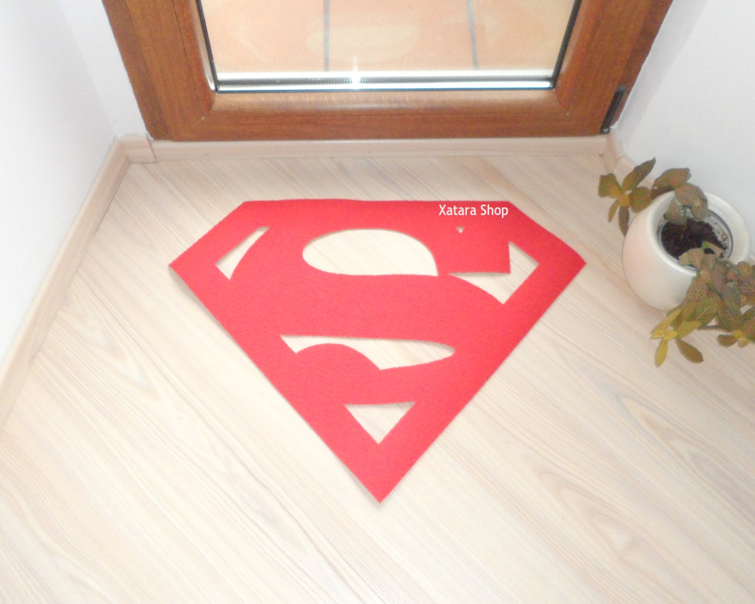 Superman logo rug. Sign doormat. Custom door mat shape.