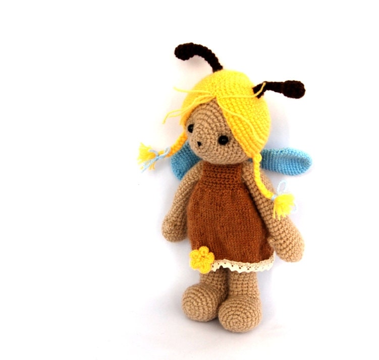 honey bee doll stuffed animal doll crocheted bee amigurumi doll brown yellow spring toy for kids garden gardening nature insect softie cute - crochAndi