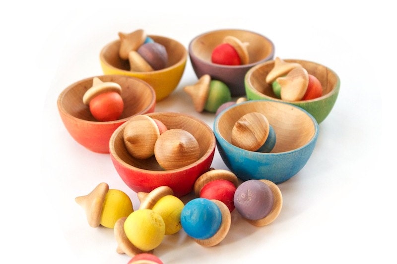 Rainbow Stacking Bowls and Acorns Toy - Waldorf Montessori Color Matching - Sorting Bowls