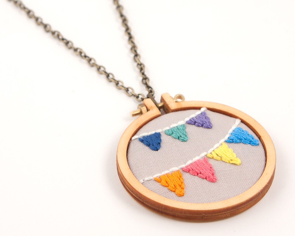 Bunting embroidered necklace - mini embroidery hoop - navy, spearmint, purple, orange, pink, yellow, blue - made with love by dandelyne