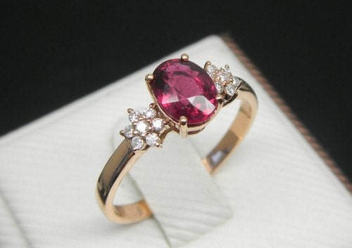 Engagement Ring -  1 Carat Rubellite Tourmaline Ring With Diamonds In 14K Rose Gold