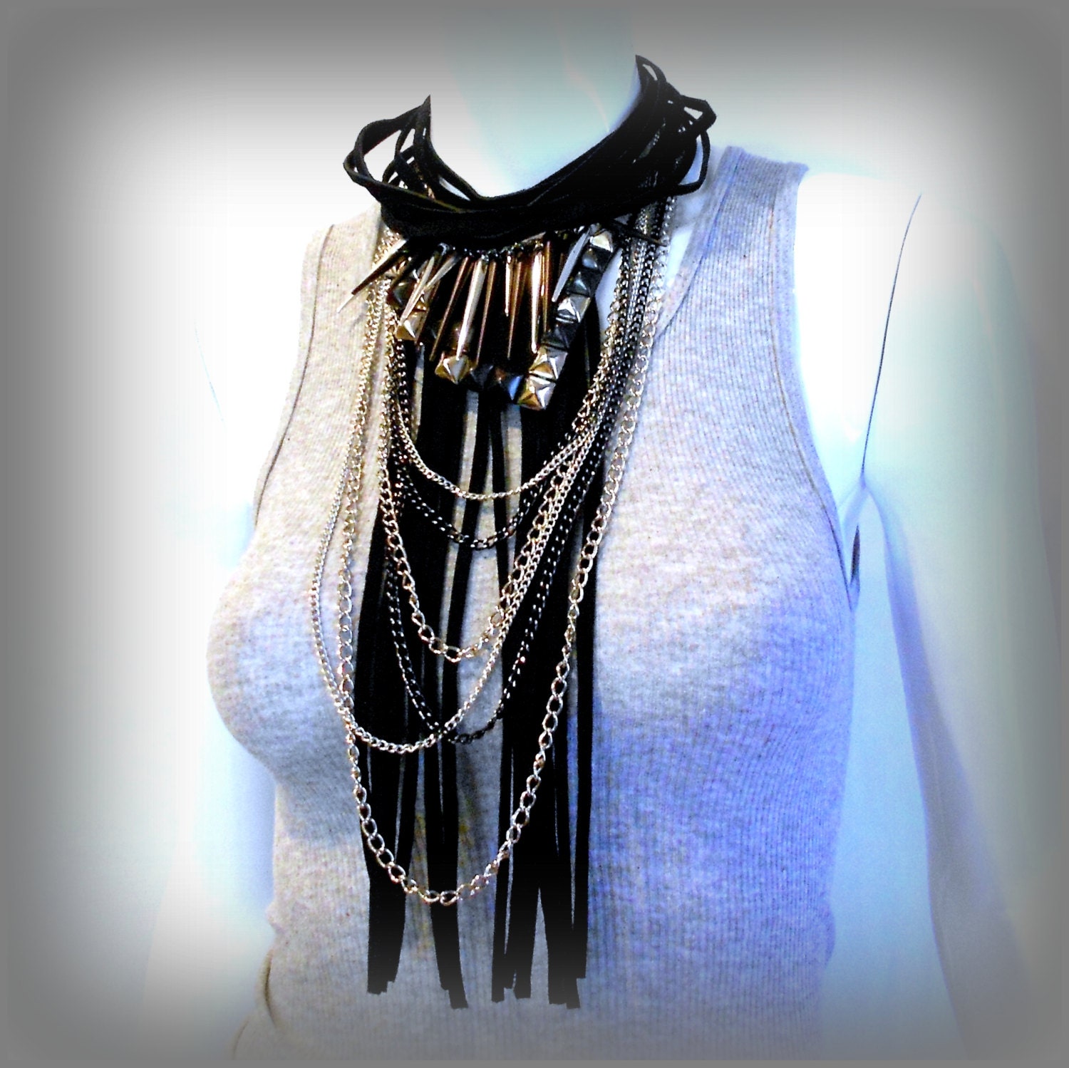 Spikes Studs Black Leather & Chain Choker Necklace