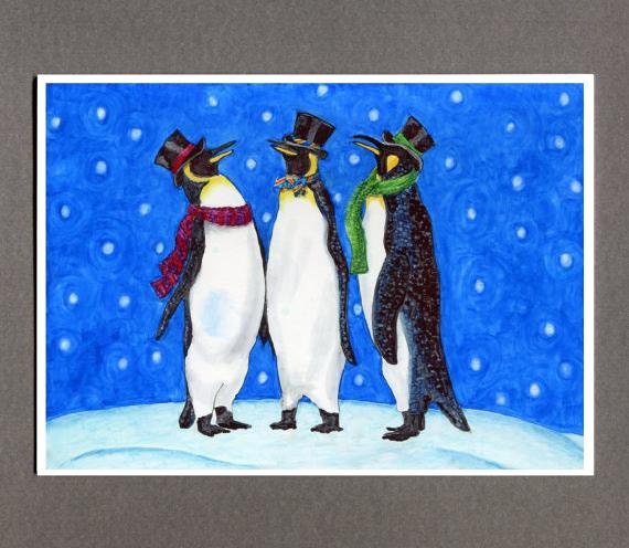 Penguin Christmas Card, Christmas Greeting Card, 5x7 Illustration Print