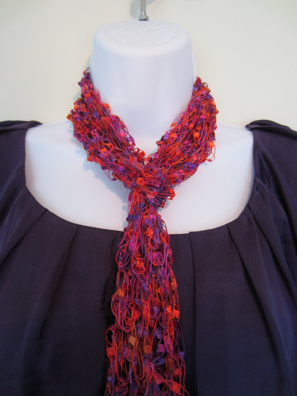 Love Knot Scarf with Fringe in Orange/Purple/Red. Stunning Summer Scarf.