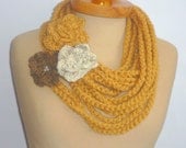 Infinity Scarf, Crochet Necklace, 3 Flowers Crochet, Honey color, scarflette, chain Honey necklace , gift under 20,